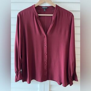 Eileen Fisher Mandarin Collar Silk Georgette Maroon Blouse Petite Large